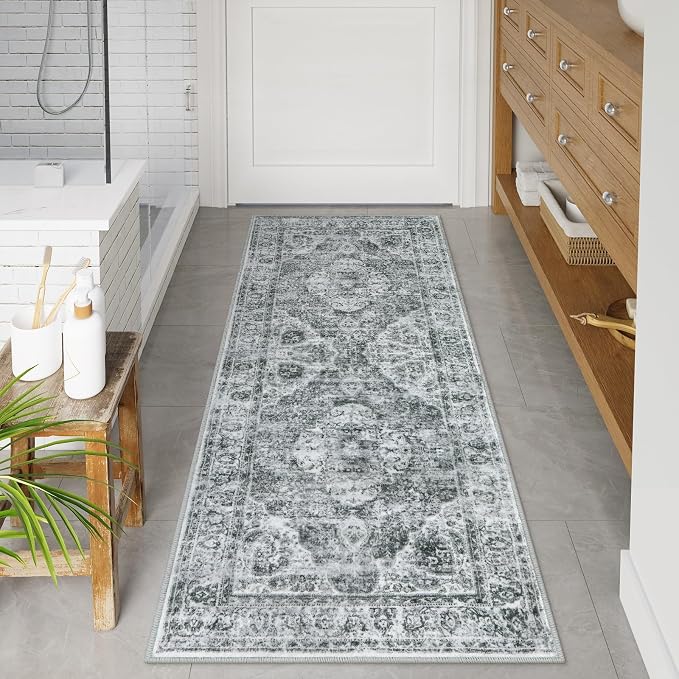 Uphome Bathroom Runner, Distressed Tribal Farmhouse Gray Bathroom Mat, Large Bath Rugs Non Slip Washable, Oriental Retro Boho Bath Mat Runner for Bathtub Sink Laundry, 24x59 inch