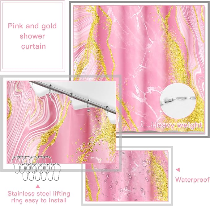 21PCS Bathroom Sets with Shower Curtain and Rugs Bathroom Accessories Set Pink Bathroom Set Complete with Trash Can, Toilet Brush, Qtip Holder & 3PCS Soap Dispenser