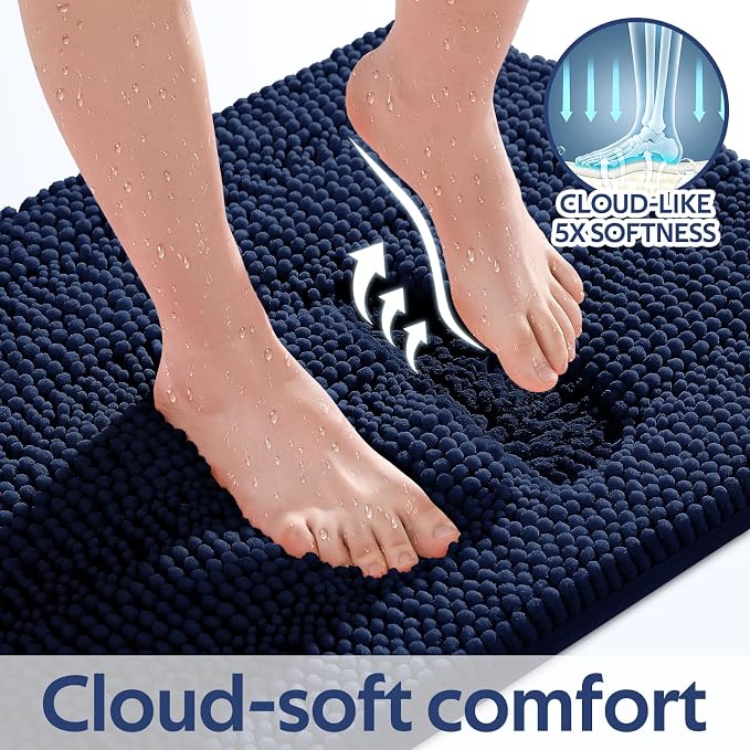 Striped Navy Blue Bathroom Rug Mat Set 2 piece 24"x17"+48"x20" Ultra Soft, Non Slip Chenille Bath Rugs, Absorbent Plush Shaggy Bath Mats for Bathroom, Bedroom, Kitchen, Shower, Tub