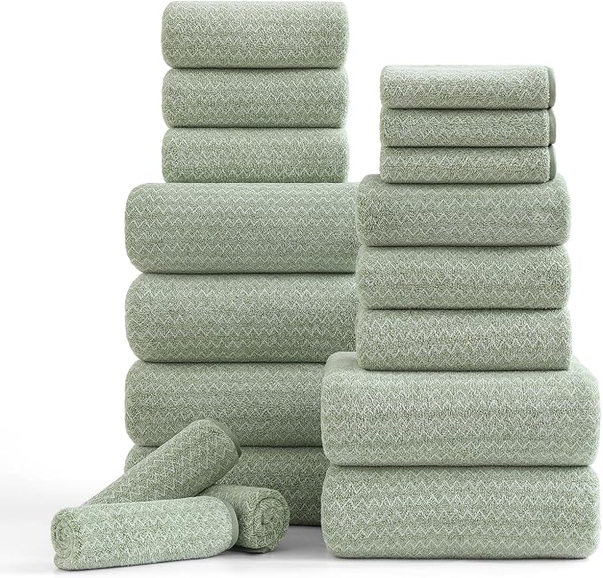Ycosy 18 Piece Bath Towels Set,100% Microfiber Family Bathroom Towel with Hanging Loops-6 Bath Towels,6 Hand Towels,6 Washcloths,Quick Dry Highly Absorbent Shower Towel for Bathroom,Hotel,Spa-Green