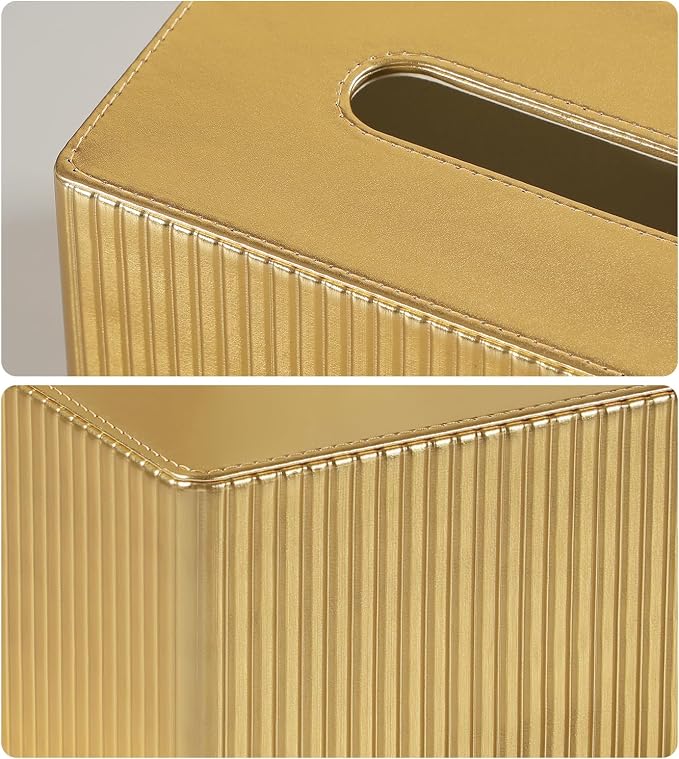 PU Leather Tissue Box Cover Rectangle, Tissue Box Holder Gold | Inner Height 4.7 Inches, Fits 180/230 Count Tissue Boxes, Non Slip Base, Rectangular Tissue Cover for Bathroom Nightstand