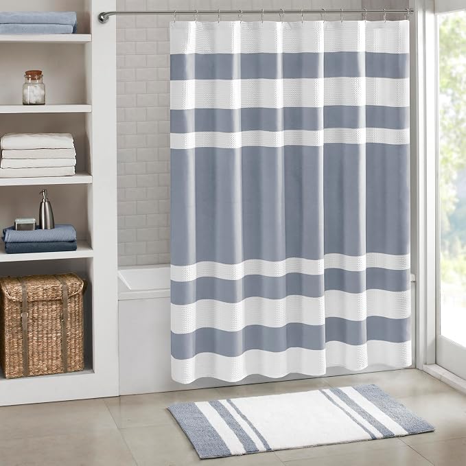 Madison Park Spa Waffle Shower Curtain for Bathroom, 72 x 72, Indigo Blue | Striped, Pieced Fabric Design, 3M Scotchgard Moisture Management, Hotel Quality, Modern, for Bathroom, OEKO-TEX Certified