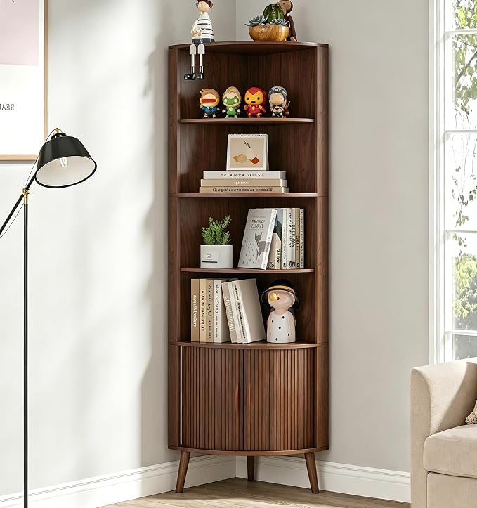 66'' Tall Corner Bookshelf with 2 Fluted Sliding Doors,Walnut | 5-Tier Corner Shelf, 5 Shelf Bookcase,Mid-Century Modern,Freestanding Display Storage Organizer for Living Room,Office