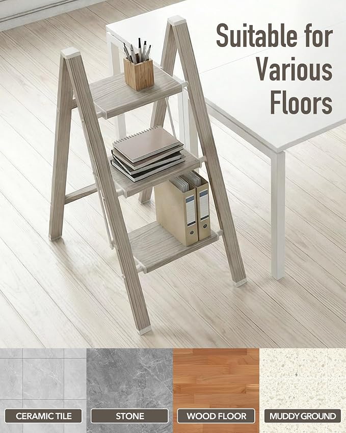 Mayi Plus 3 Step Stool Foldable, Aluminum, Lightweight Step Ladder | Extra-wide anti-slip folding steps with 330 lbs, for home,kitchen,office,outdoor,Fir woodgrain
