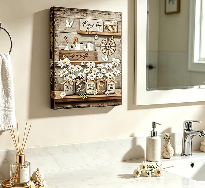 Vintage Daisy Canvas Wall Art,Farmhouse Bathroom Positive Sayings Print,Every Day Is A Gift Wall Decor,Rustic Floral Butterfly Painting,for Toilet Restroom Laundry Room Home Decoration 16 x 24 In