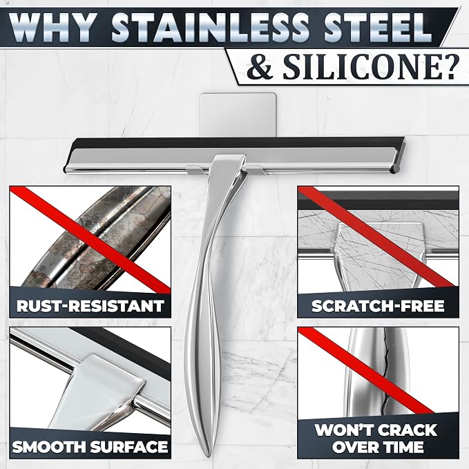 12 in Bathroom Squeegee for Shower Glass, Stainless Steel (Silver) | Shower Squeegee for Glass Doors, Silicone Blade, Adhesive and Hanging Hooks, for Bathroom, Mirror, Tile, Window, and Car