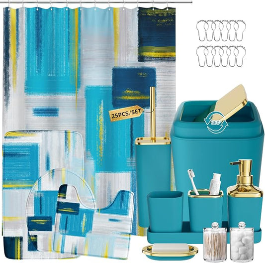 XLHOMO Bathroom Set - Teal Blue Bathroom Accessories Set, Bathroom Sets with Shower Curtain and Rugs, Teal Blue Shower Curtain Set with Bathroom Trash Can, Soap Dispenser, Soap Dish for Home Decor