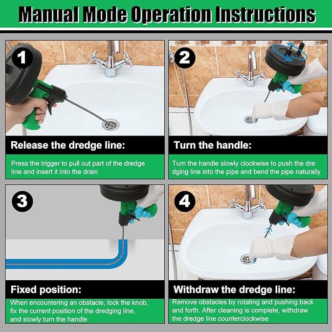 50 Ft Drain Snake, Fast Unclog Snake, 1/4 Inch, Green | Manual & Electric Plumbing Snaker for Shower Sink, Toilet and Kitchen, Drain Auger 50 ft Comes with Gloves and Bag