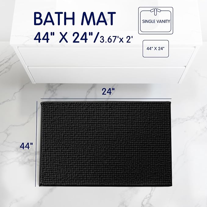 SUBRTEX Bathroom Rugs, 24" x 44" Chenille Bath Rug Soft Short Plush Bath Mat Soft Shower Mat Water Absorbent Shower Mat Quick Dry Machine Washable, Black