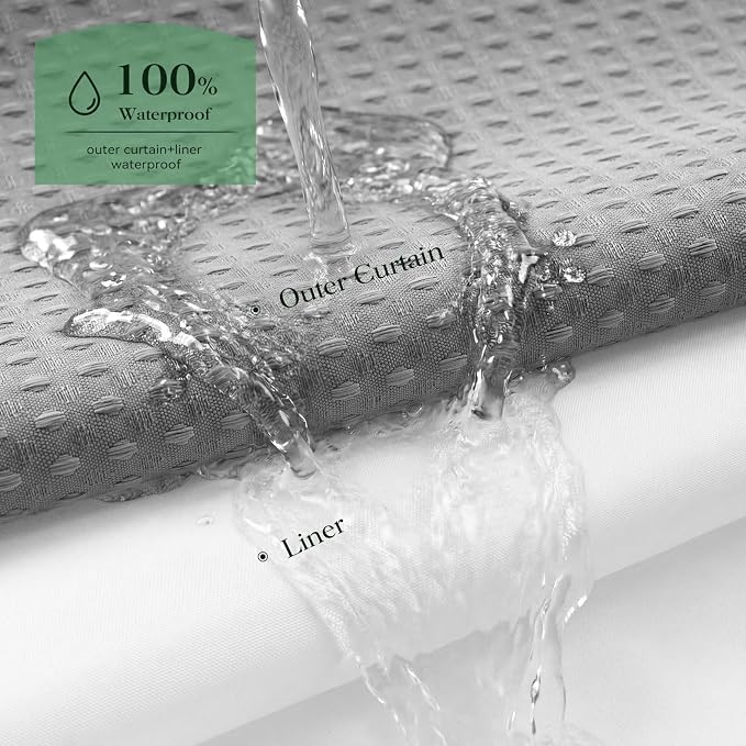 Grey Hook Free Waffle Shower Curtain & Snap-in Fabric Liner,72x75 | Less Time to install, 3 in 1 Fabric Shower Curtain and Liner Set with Magnets, Mesh Top Window, Shower Curtains for Bathroom