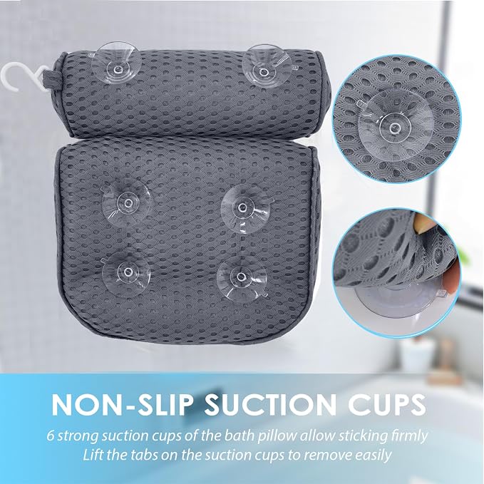 AEROiVi Luxury Bath Pillows for Tub Soft Mesh Strong 6 Suction Cups Gray | Bath Pillow with laundry bag head and neck support Relaxing Bath Washable Quick-Dry Bath Accessories Spa Gifts