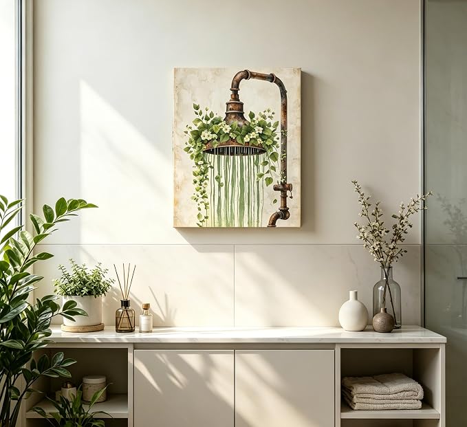 XcwDt is Vintage Rust Spray Head Canvas Wall Art,Shower Head Green Painting Print,Farmhouse Bathroom Botanical Nature Wall Decor,for Toilet Living Room Farmhouse Laundry Room 16 x 24 In