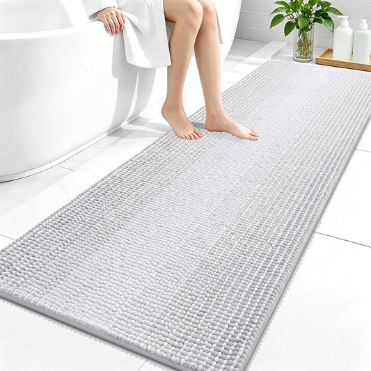 OLANLY Bathroom Runner Rugs 59x24, Chenille Striped Bath Rugs, Light Grey | Extra Soft Absorbent, Rubber Backing, Machine Wash Dry, Bath Mats for Bathroom Floor, Tub and Shower, Home Decor Accessories
