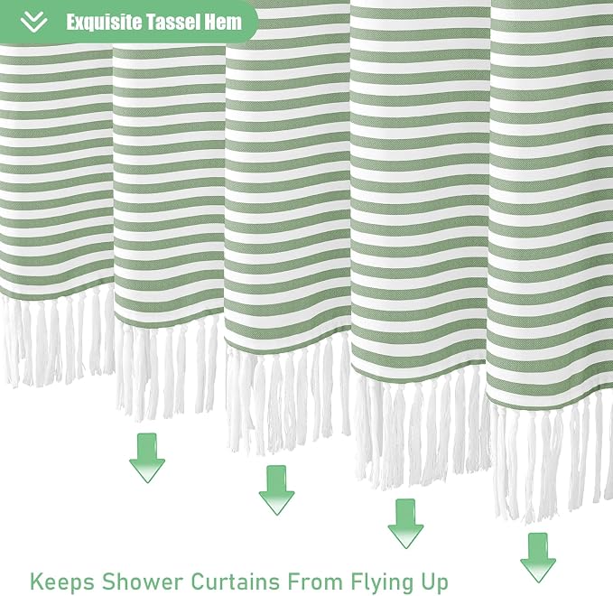 Sage Green Fabric Shower Curtain, Farmhouse Boho Striped Tassel Shower Curtain for Bathroom, Bohemian Textured Cloth Shower Curtain Set with Hook, Water Repellent, Wrinkle Free, 72x72