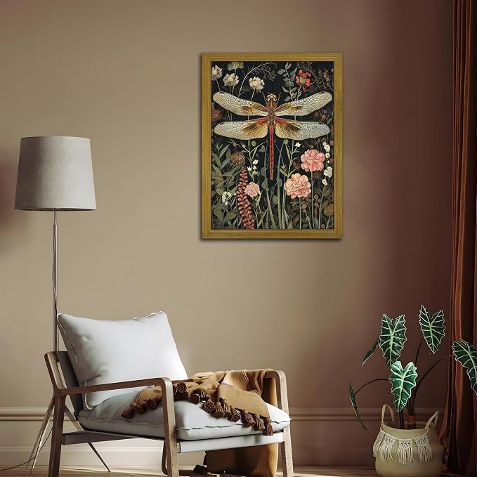 Framed Hand Drawn Sandstone Dragonfly Wall Art, Vintage 3D Textured Nature Botanical Wall Decor Pictures, Pink Flowers Print Painting for Living Room Kitchen Home Decor 16x24inch