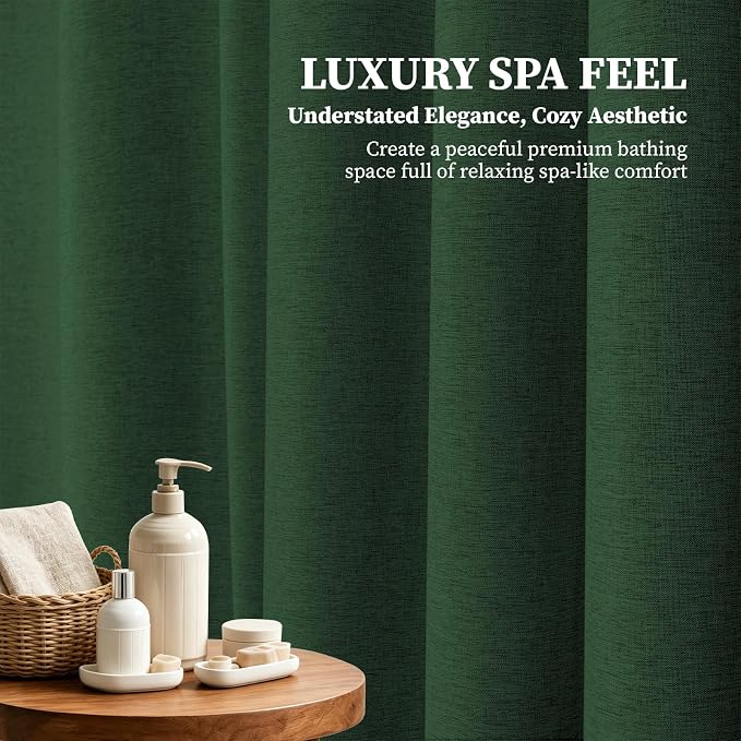 Emerald Green Linen Textured Waterproof Fabric Shower Curtain, 72x72 | 230GSM Polyester, Heavy Duty Cloth, Weighted Hem, 12 Plastic Hooks, Modern Hotel Style, Machine Washable, Bathroom Decor