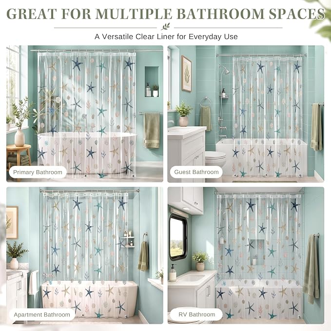 Clear Shower Curtain Liner, Starfish Seashell PEVA, 72x72 Inch | Ocean Sea Star Waterproof Bath Plastic Shower Curtains Set with 3 Weighted Magnets and 12 Hooks for Bathroom Decor