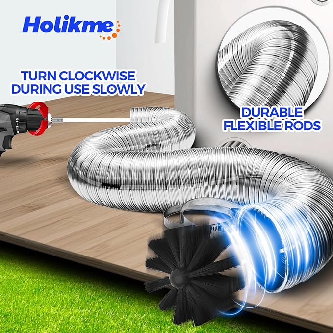 Holikme Dryer Vent Cleaner Kit - 34Ft Flexible Lint Brush for Deep Cleaning | Dryer Vent Cleaner Brush with Drill Attachment, Removes Years of Lint Buildup, Improves Airflow, Faster Drying & Fire Safety