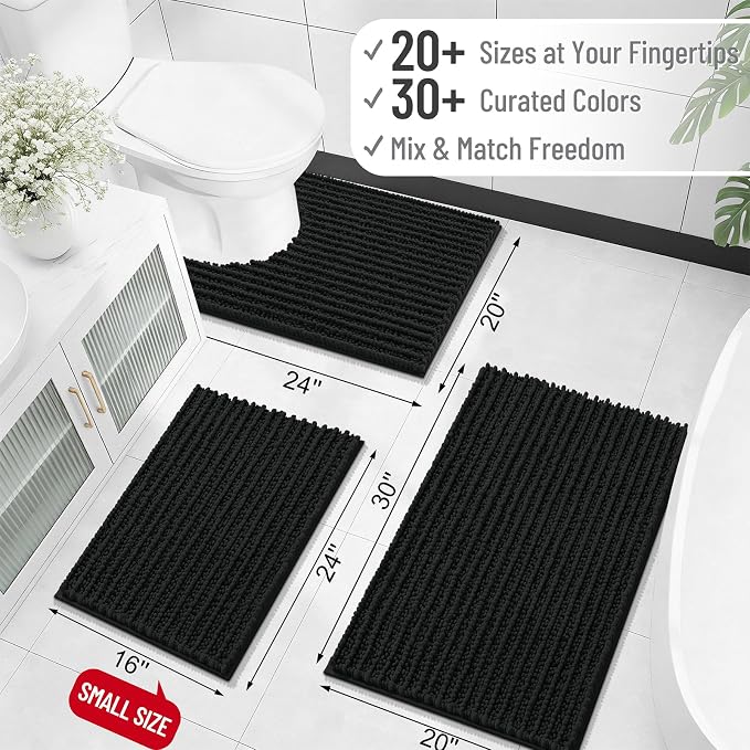 OLANLY Bathroom Runner Rugs 59x20, Thick Soft Absorbent Chenille Bath Rugs | Black, Quick-Drying Rubber Backing, Long Shaggy Bath Mat, Machine Washable for Floor, Tub and Shower, Home Decor Accessories