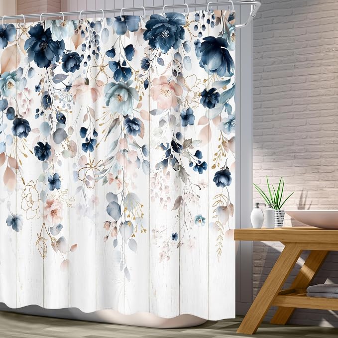 Rustic Floral Spring Summer Blue Pink Bathroom Shower Curtain Set | 72"W x 72"L Flower Wildflower look, waterproof HD printed shower curtain, quick-dry fabric and free hooks.