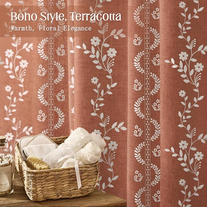 Boho Terracotta Vintage Shower Curtain with Tassels 72 x 72 Inch | Fall Bohemian Floral Linen Fabric Pattern Curtain Curtain For Bathroom