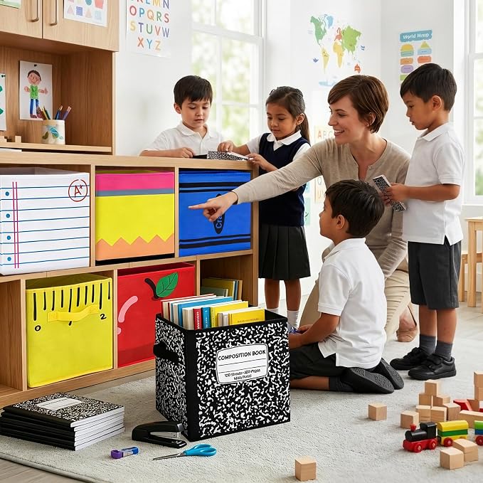 6 Pcs 11in Fabric Storage Bins, Collapsible Cubby Baskets with Handles | Collapsible & flat‑fold, Side handles for easy tote, Colorful school prints, Classrooms, homes, daycares all work
