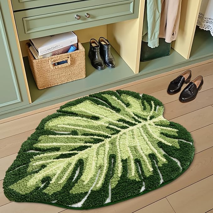 LUMI Bathroom Rug Green Leaf, Absorbent Non Slip Bath Mat, 23.5"x31.5" | Monstera, Soft Plush Microfiber, Quick Dry, Washable Cute Plant for Shower Floor, Bathroom, Sink Bathtub, Bedroom, Kids Room