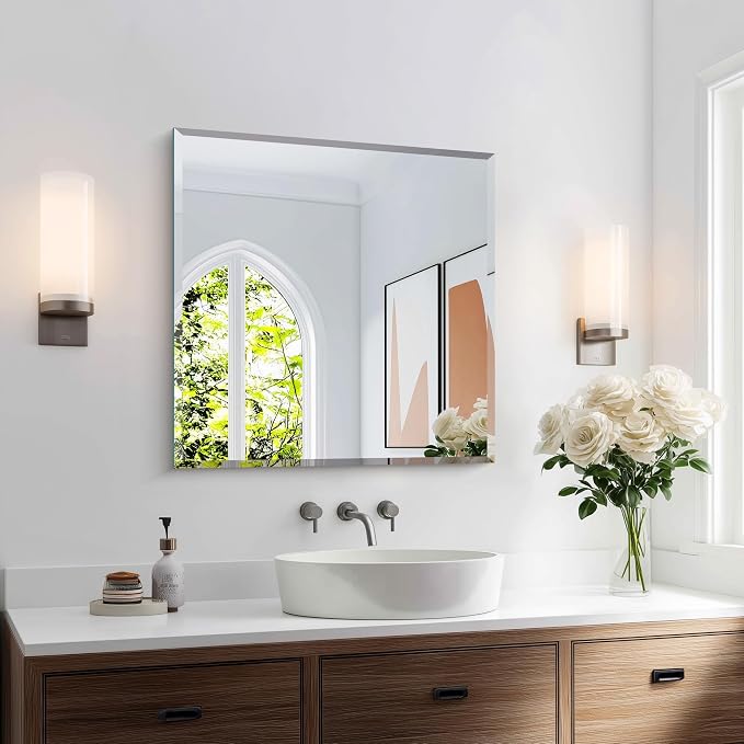 KOCUUY Beveled Mirror, 24x24 Inch Frameless Bathroom Mirror for Over Sink, Upgraded Shatterproof Unframed Mirror for Bathroom, Bedroom, Hang Horizontal/Vertical