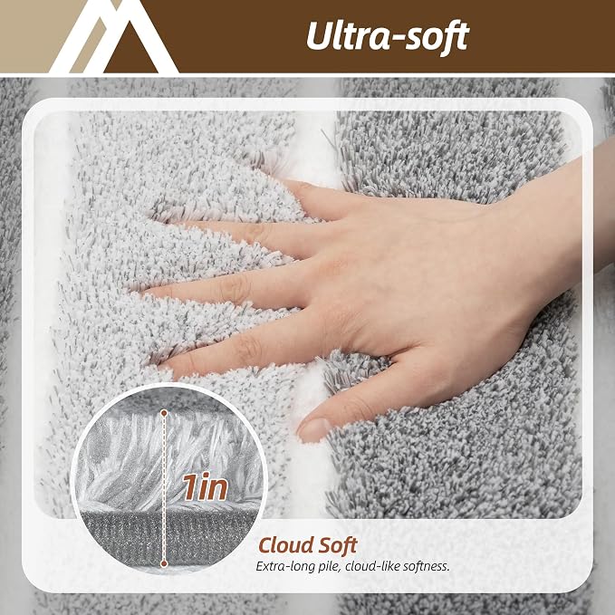 COSY HOMEER Toilet Rugs U-Shaped 24"x20", Ultra Soft Absorbent Bath Mat | Non-Slip TPR Backing, Machine Washable Shaggy Rug for Toilet,Grey & White