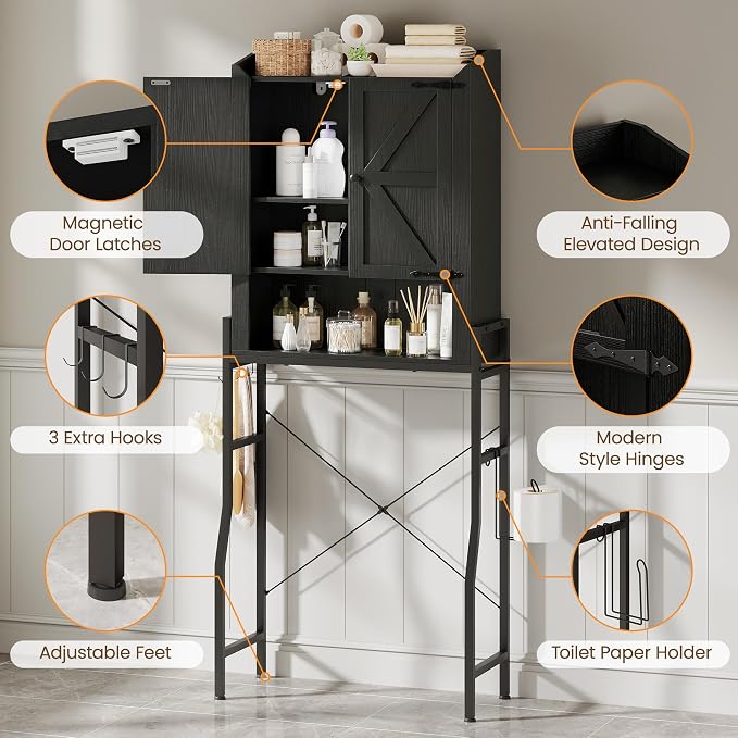 Over The Toilet Storage Cabinet with 2-Door & Metal Stand, Black | Toilet Paper Holder, 3 Extra Hooks, Anti-Tipping Device, With Adjustable Shelves, for Bathroom, Restroom, Laundry