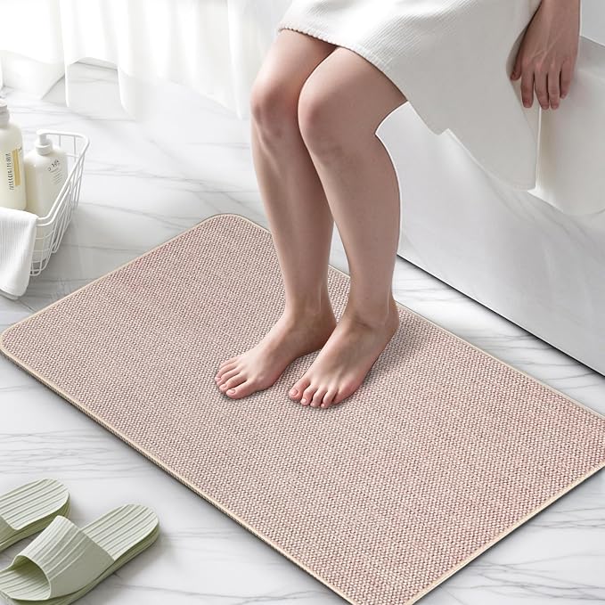 Upgraded Bath Mat 24x36Inch, Thin Bath Mats Rugs with Rubber Backing Non-Slip, Absorbent,Quick Dry Machine Washable, Home Decor Accessories Cozy Cloth Bathroom Rugs fit Under Door/Sink/Tub-Biege