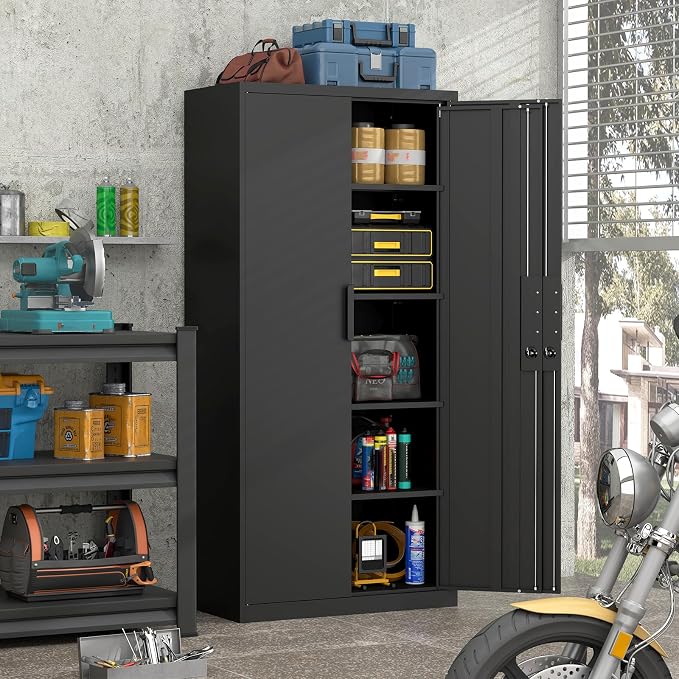 Black Storage Cabinet, Metal Garage Storage Cabinets with Adjustable Shelves, 72.05" H Heavy Duty Tall Cabinet with Locking Doors, Steel Organizer for Basement, School