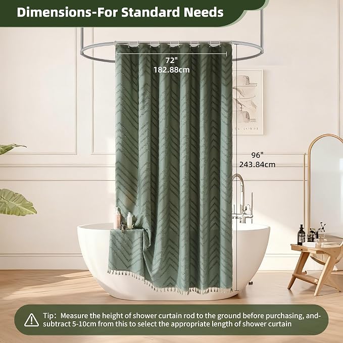 Siiluminisoy Extra Long Sage Green Boho Shower Curtain with Tassel, Woven Fabric 96 in Shower Curtain, Tufted Chevron Striped, 72 x 96, Modern Chic Textured Minimalist Bathroom Shower