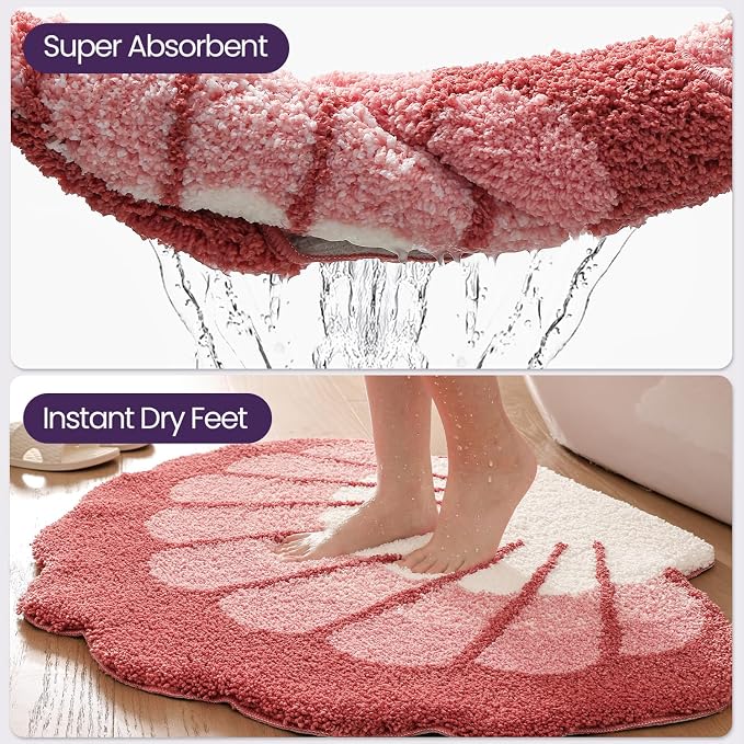 DEXI Cute Seashell Bath Mat, Coastal Scallop Bathroom Rug, 38x30 Pink | Soft and Absorbent Microfiber, Non Slip, Machine Washable Bathmat for Shower Floor, Bedroom, Kids Room, Home Decor