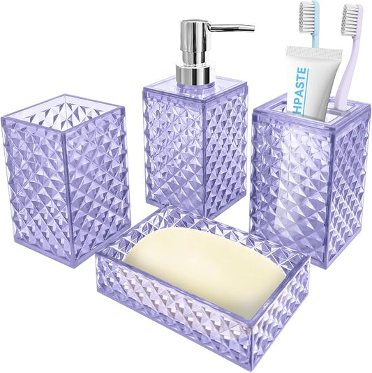 Bathroom Accessory Set, 4 PCS Light Purple Bathroom Accessories Set | Soap Dispenser and Toothbrush Holder Set, Soap Dish and Mouthwash Cup, Boho Bathroom Decor, Plastic Bathroom Sets