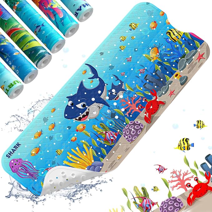Baby Bath Mat for Tub Non Slip Kids Bath Mat - 40''x16'' Extra Long Cartoon Bathtub Mat Non Slip Kids Shower Mat Eco-Friendly Toddler Bath Mats with Suction Cups, Machine Washable, Shark