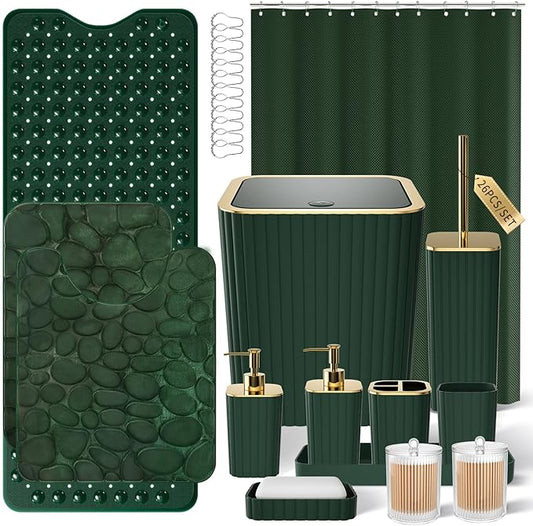 XLHOMO 26PC Bathroom Accessories Set - Gorgeous Green Bathroom Set, Bathroom Accessory Set, Shower Curtain Set with Bathtub Mats for Shower Tub, Trash Can & Soap Dispenser