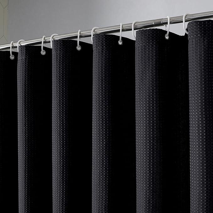 Black Shower Curtain Set, Waffle Textured Heavy Duty Fabric Shower Curtain for Bathroom, Luxury Hotel Weighted 230GSM Bath Curtain with 12 Plastic Hooks, Machine Washable, 72x72