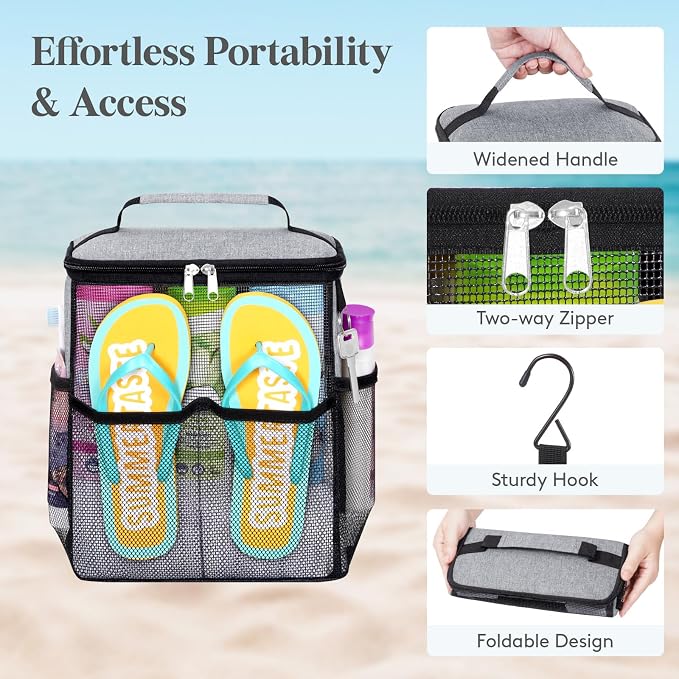 Lifewit Mesh Shower Caddy, Hanging Bathroom Organizer with Slipper pockets | Hanging Hook, Quick Dry, Portable, Toiletry Tote Bag, College Dorm Room Essentials for Beach, Gym, Camping, Travel, Grey