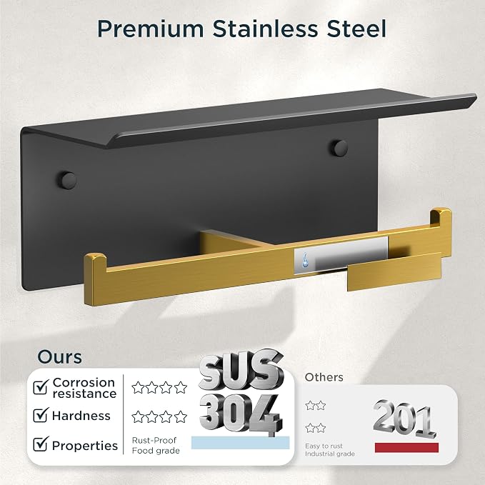 FORIOUS Toilet Paper Holder with Shelf, Commercial Toilet Paper Dispenser | Black & Gold | SUS304 Stainless Steel Wall Mount Double Bathroom Tissue Roll Holder for Hotel, Apartments, etc