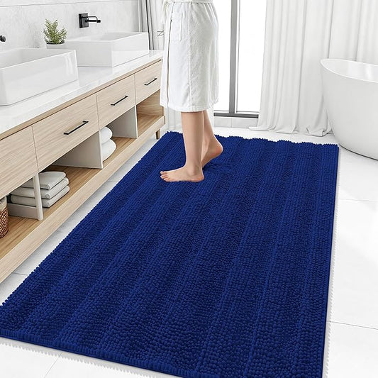 Smiry Thick Chenille Large Bathroom Runner Rugs 59x35, Soft Bath Mat, Navy | Quick‑Dry & Machine Washable, Non‑Slip Bath Carpet, Striped Bath Rugs for Tub & Shower, Modern Home Decor Accessories