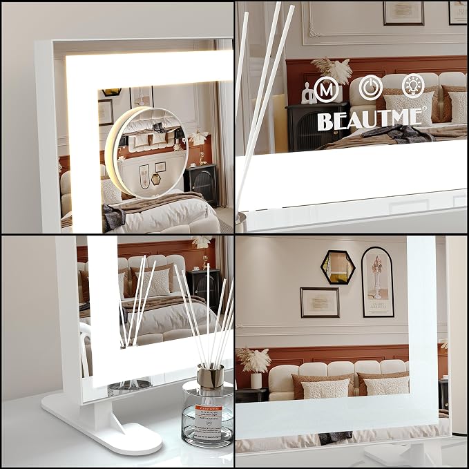 Vanity Mirror With LED Lights - Tabletop Hollywood Makeup Mirror for Bedroom - Aluminium Frame, 48.540.5cm, White