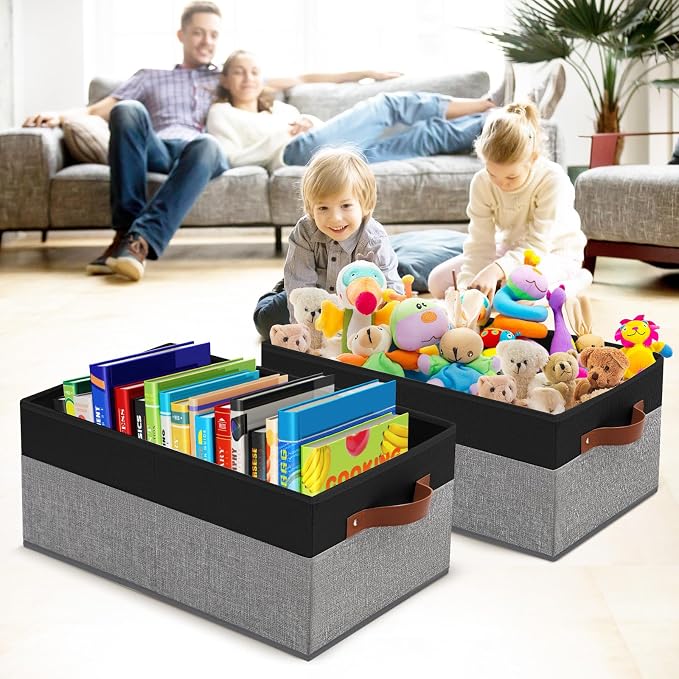 3 Pack Large Capacity Storage Bins Closet Organizer for Shelves | Fabric Closet Storage Baskets Boxes with Leather Handles for Organizing Clothes, Sheets, Jeans, Toys, Books (Black and Grey)