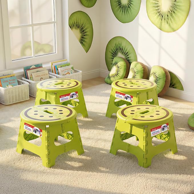 9 Inch Cute Folding Step Stool for Kids, with Handle, Kiwi Green | Foldable Step Stool, Heavy Duty, Lightweight, Non-Slip, for Toddler/Adults, for Kitchen Bathroom Outdoor, Sturdy Collapsible