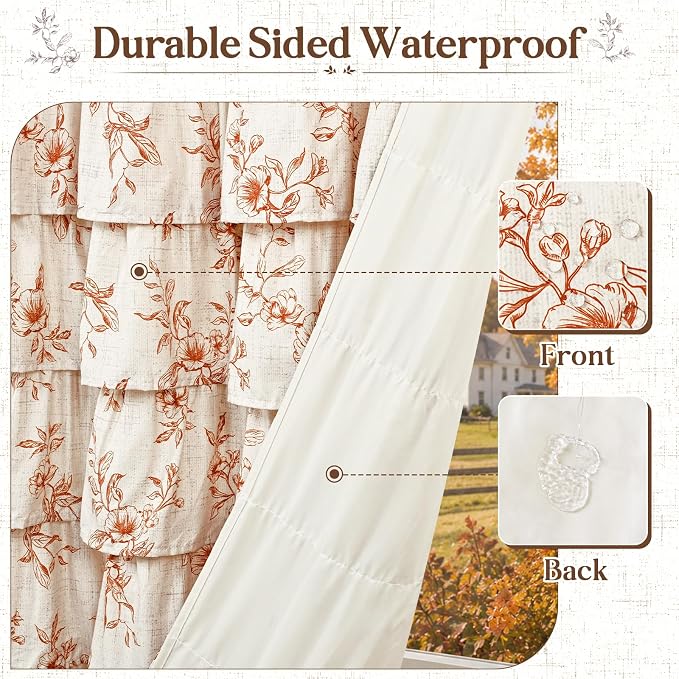 Yinhua Fall Ruffle Shower Curtains for Bathroom with Floral, 72" Wx72 L | Orange Floral Print, Ruflle Design, 12 Metal Hooks, Vintage Rustic Washable Waterproof Shower Curtain for Bathroom Bathtub