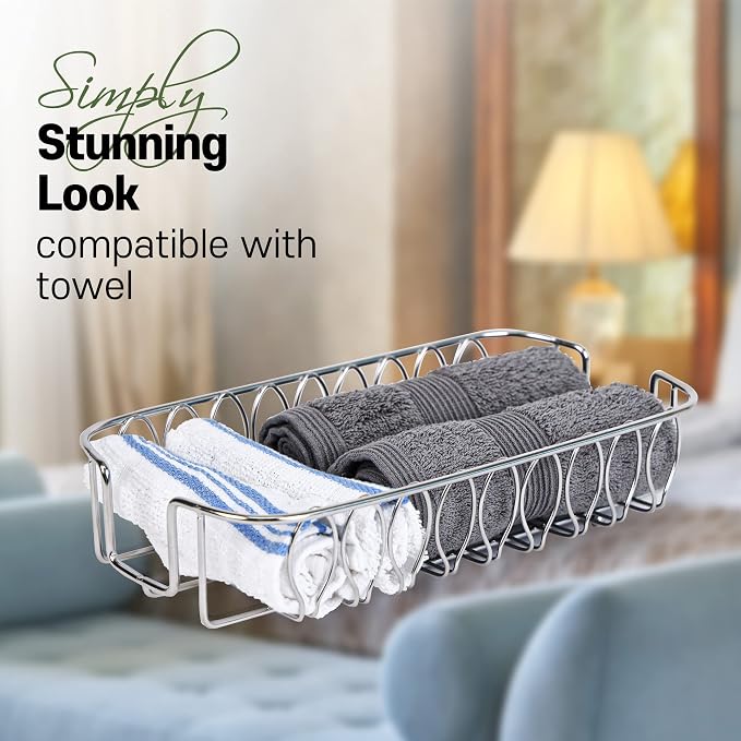 Guest Towel Holder Tray for Bathroom Countertop, Silver Metal | Guest Bathroom, Powder Room & Vanity Use