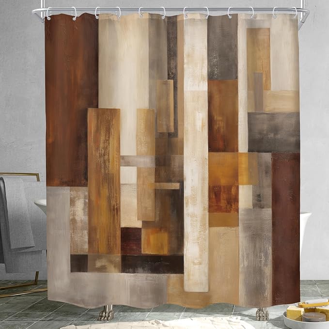 Brown Shower Curtain Rustic Tan Abstarct Wooden Bathroom Curtain Set | 60Wx72H Retro Block Geometric Farmhouse Waterproof Hd Print With Fast-Drying Fabric And 12 Hooks