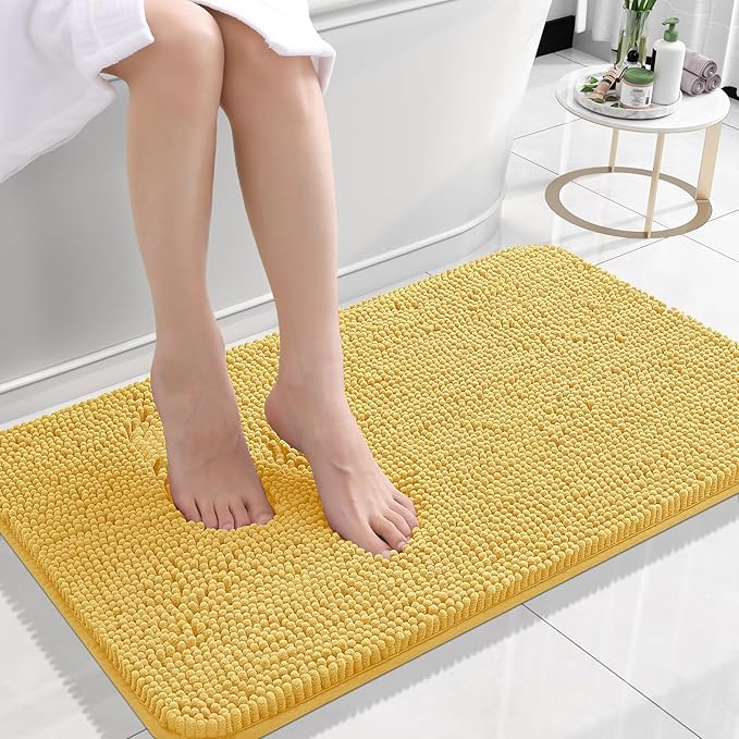 OLANLY Small Bathroom Rugs 24x16, Extra Soft Absorbent Chenille Bath Rugs | Yellow, Quick-Drying Rubber Backing, Machine Washable Bath Mat for Bathroom Floor, Tub and Shower, Home Decor Accessories
