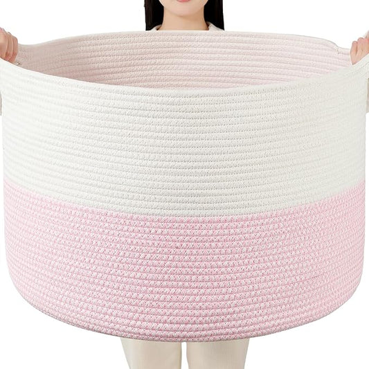 Foldable Laundry Hamper Basket with Collapsible Handle Cotton Rope Soft Woven Fabric Storage Organizer Clothes Toys Nursery Bedroom Dorm Space Saving Bin (White & Pink, 65L(19.7"D x 12.6"H))