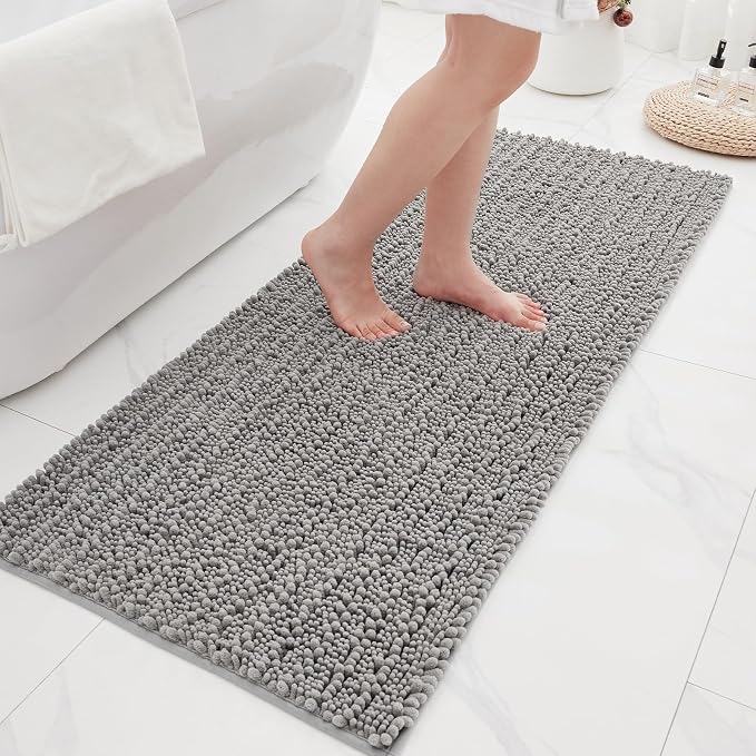 Bathroom Rugs Non Slip Washable 44x24, Extra Thick Soft Chenille Absorbent Bath Mat, High Density Barrier Non Slip Backing, Quick Dry Plush Shaggy Floor Carpet for Tub&Shower, Grey